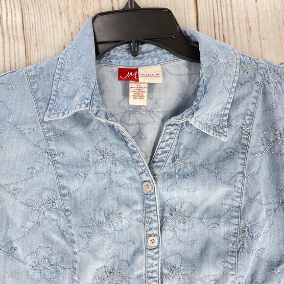 JM Collection Top Women 12 Blue Embroidery Floral Button Up Shirt Short Sleeve - Picture 2 of 5